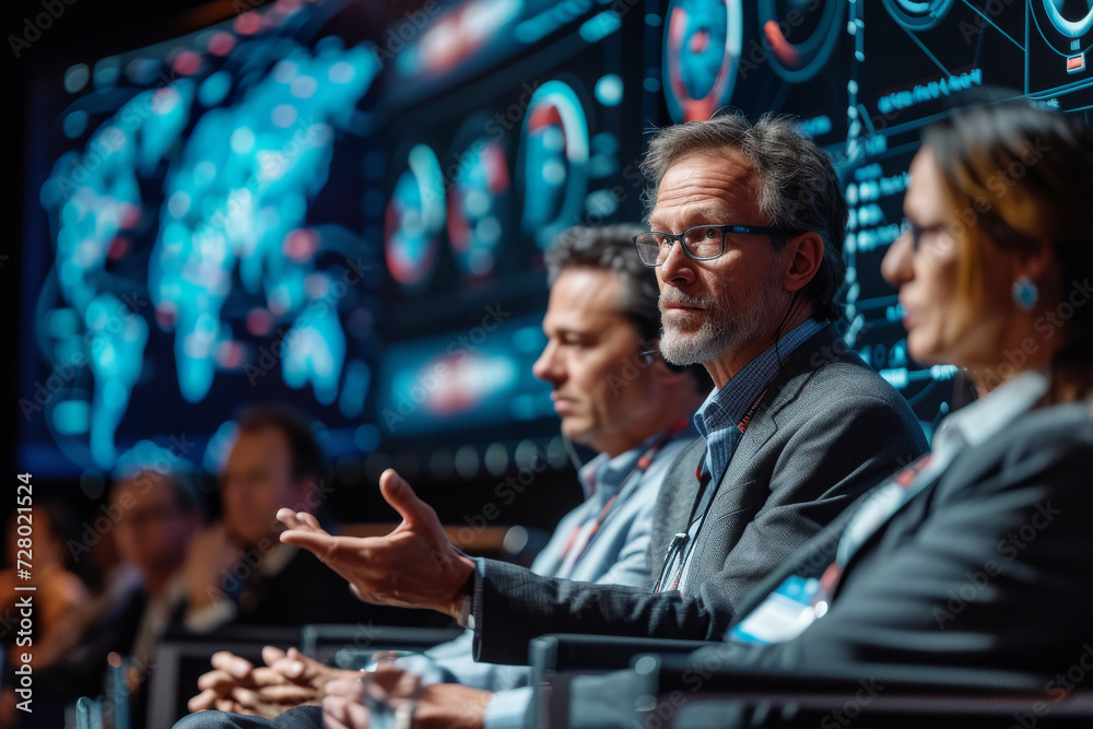 Business Professionals in a High-Tech Conference.
Experienced professionals engaged in a discussion at a modern digital conference with futuristic interface. Business Professionals in a High-Tech Conference.
Experienced professionals engaged in a discussion at a modern digital conference with futuristic interface.