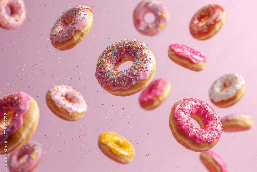 Colourful decorated with sprinkles donuts falling on pastel background. Generative AI Colourful decorated with sprinkles donuts falling on pastel background. Generative AI