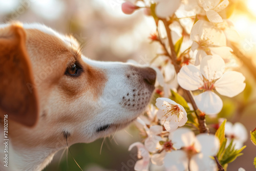 Closeup of a dog sniffing a spring blossom. Dog smelling flower. Generative AI