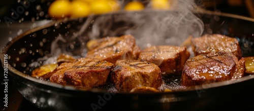 Deliciously Succulent Roasted Pork Meat Sizzles in the Frying Pan