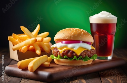 Fast food set (fries, drink, burger) on wooden table on green background. Generated AI