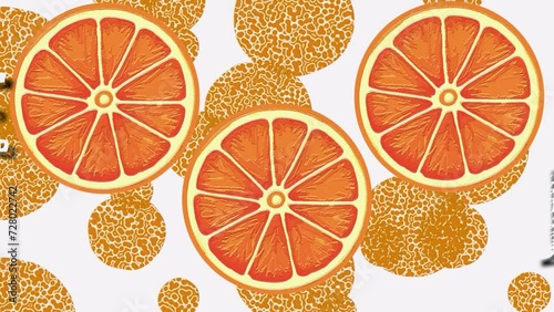 4K.Video for design and creative solutions - orange juice. Volumetric emblem, badge, logo on a white background with illustrated oranges.