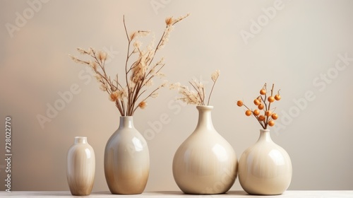 Soft home decor for interior. Light background with flower vases © brillianata