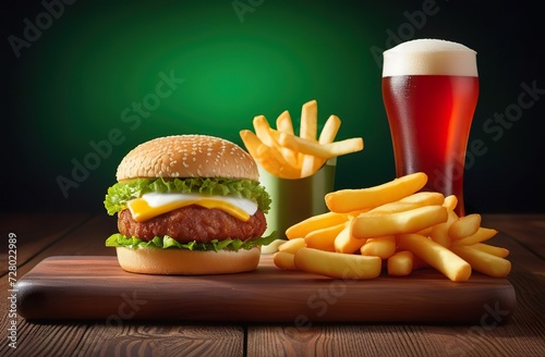 Fast food set (fries, drink, burger) on wooden table on green background. Generated AI