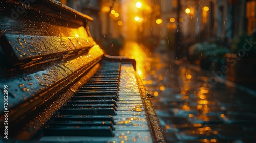 Grand Piano caught in the rain on the side of the road in the evening. Spirit of National Music Day. photo