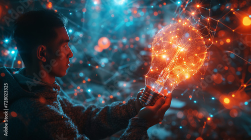 Innovative Thinking and Network Concept. A man holding a glowing lightbulb with dynamic network connections symbolising innovation. © AI Visual Vault