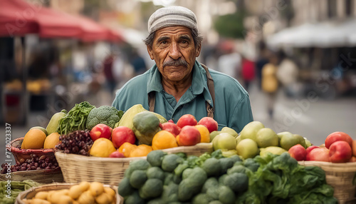 Street vendor of vegetables and fruits. An elderly Latino man with a mustache. AI generated