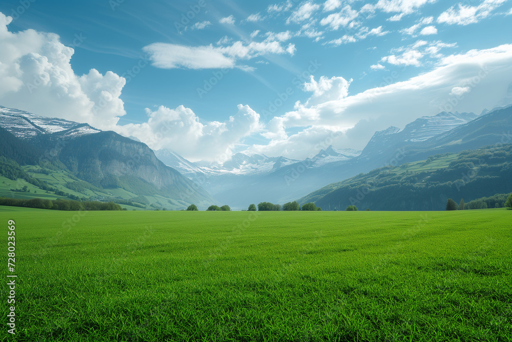 Green field and mountains in Switzerland.AI generated