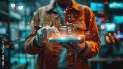 Futuristic Holographic Interface with Tablet. Person holding a tablet projecting a holographic interface, symbolising advanced technology. © AI Visual Vault