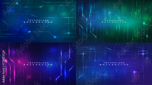 Vector illustration. Software programming concept. Glowing numbers and dots. Backgrounds set. Binary code. Technological style. Design element for website template, web banner, advertising wallpaper