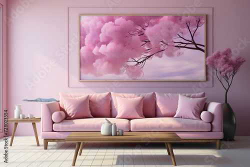 Indulge in the soothing ambiance of a living room adorned with a soft color pink sofa  a perfect match with a table  all framed by an empty canvas ready for your text.