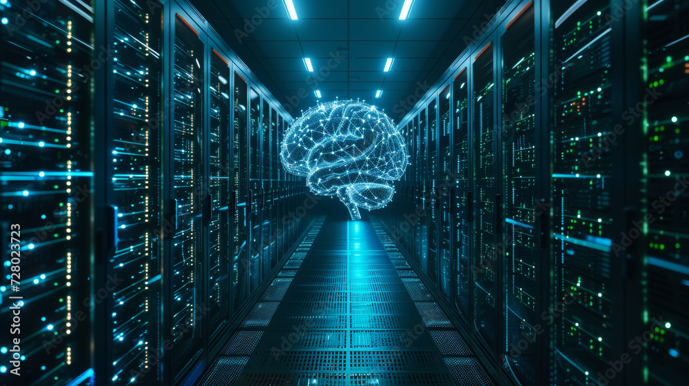 Neural Network Hologram in Server Room.
Holographic brain structure in the centre of a data server corridor. - obrazy, fototapety, plakaty 