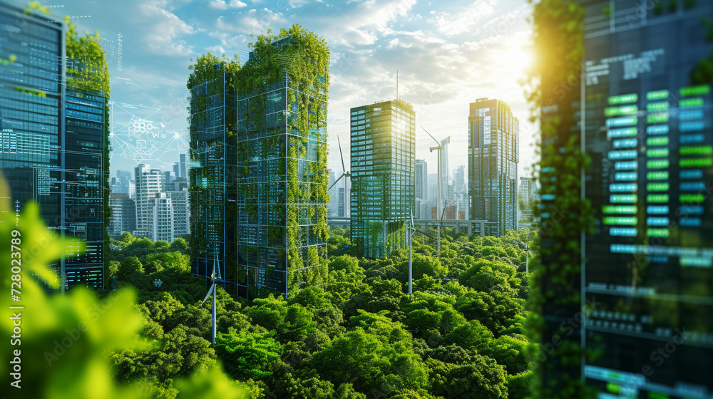 Picture of Eco-Friendly Urban Jungle Cityscape. Sunlight streaming through lush ...