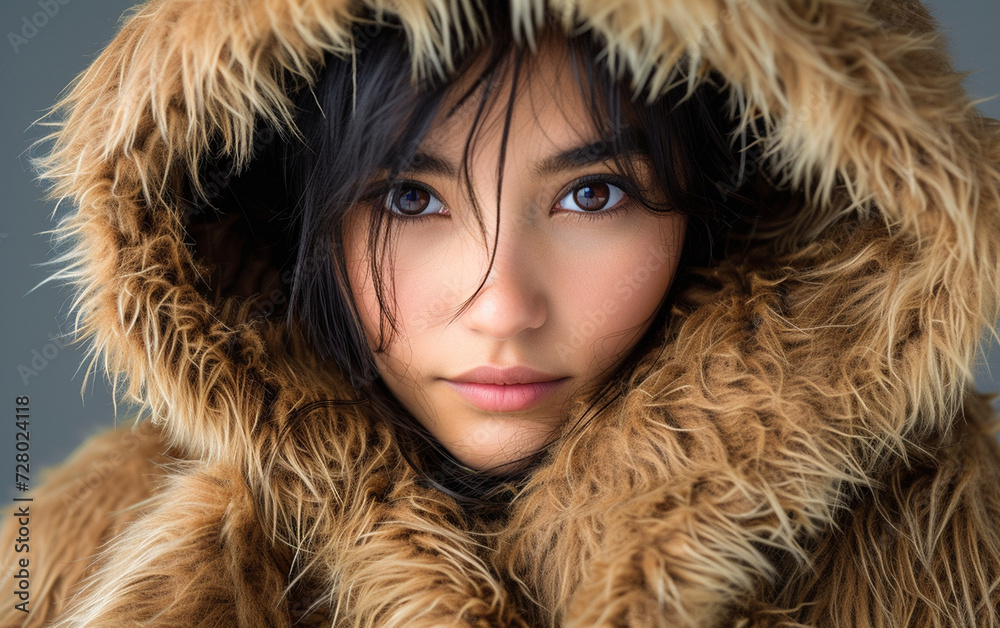 Woman Wearing Furry Coat With Hood Woman Wearing Furry Coat With Hood