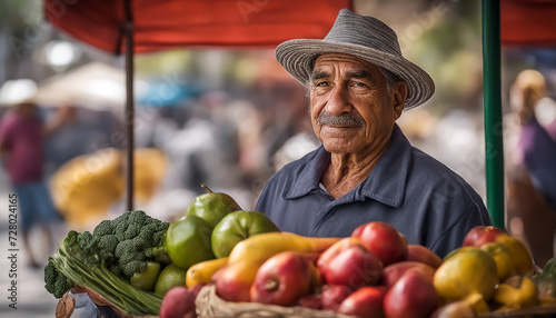 Street vendor of vegetables and fruits. An elderly Hispanic man with a mustache. AI generated