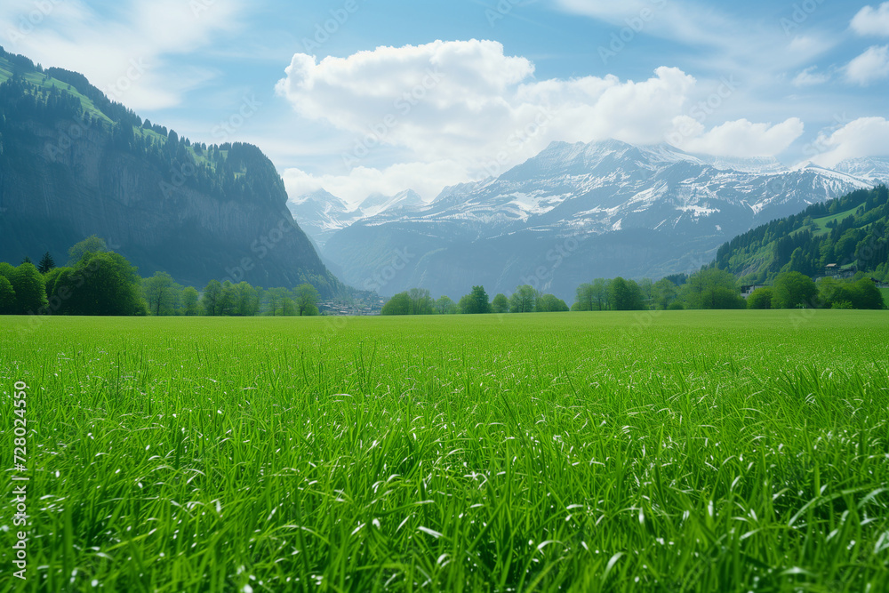 Green field and mountains in Switzerland.AI generated