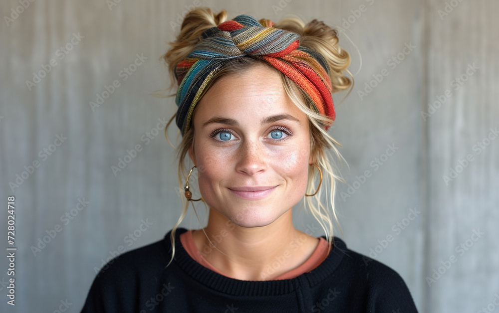 Multiracial Woman With Blue Eyes Wearing a Multicolored Headband Multiracial Woman With Blue Eyes Wearing a Multicolored Headband
