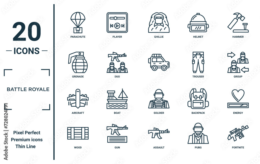 battle royale linear icon set. includes thin line parachute, grenade ...