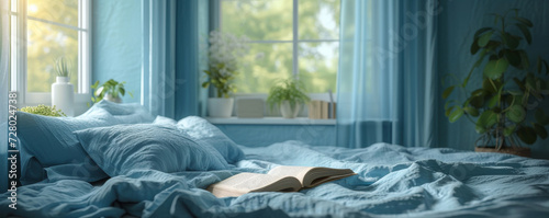 Tranquil Bedroom Scene with Book on Blue Bedding. Serene bedroom scene with a book on rumpled blue bedding and natural light.