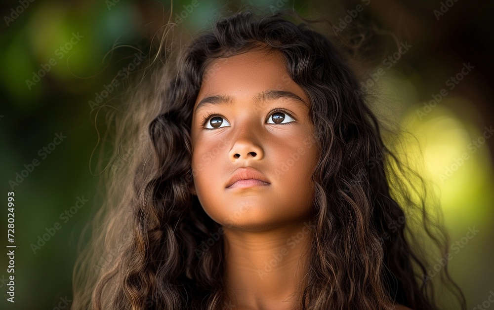 Portrait of a Multiracial Young Girl With Long Curly Hair Looking Up Portrait of a Multiracial Young Girl With Long Curly Hair Looking Up