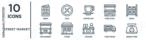 street market outline icon set such as thin line menu, coffee cup, shelf, store, food truck, weight hine, fish market icons for report, presentation, diagram, web design