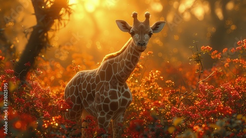 Giraffe in flower garden in forest. World Wildlife Day
