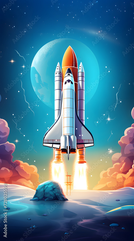 Naklejka premium Rocket flyying intoo space, space travel, rocket science, fly with a rocket to space, rocket ship
