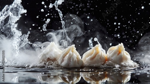 Chinese steamed dumplings on black background with water splashes
