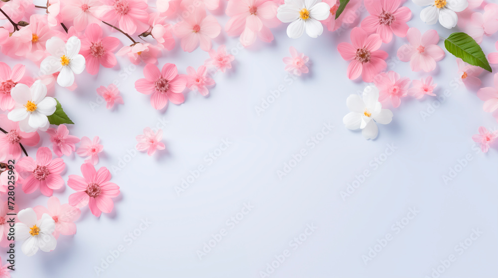 Soft pink flowers on a light background. Spring background, flowers, top view with copy space. Natural background