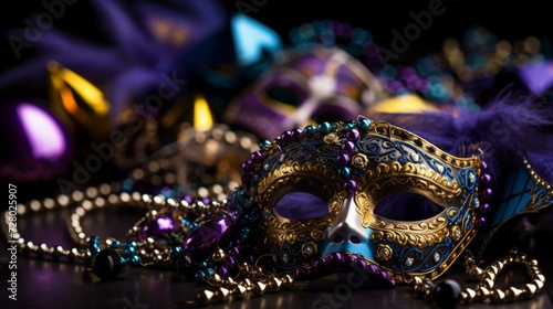 Intricate Venetian Masks and Mardi Gras Beads on Dark Background