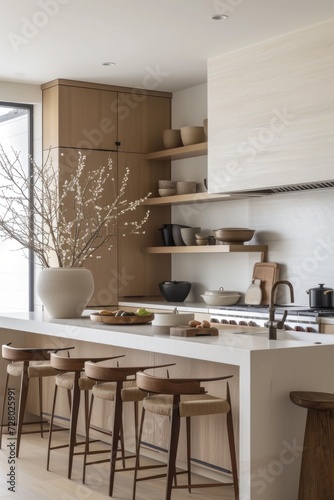 a kitchen with ample counter space and multiple stools where people can sit and gather