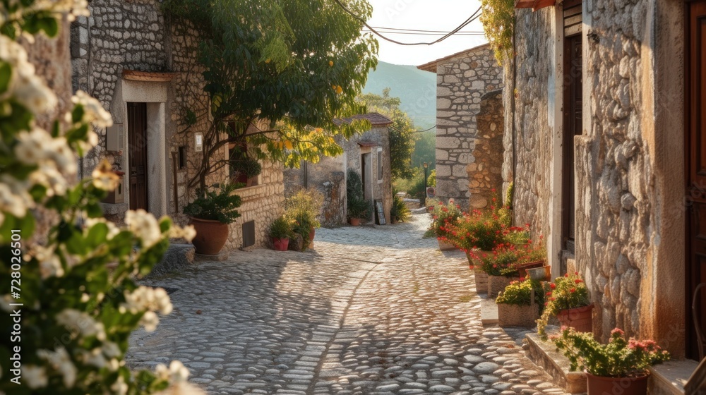 A Cobblestone Street With Potted Plants and Flowers, showcasing the historic and rustic charm of the area.