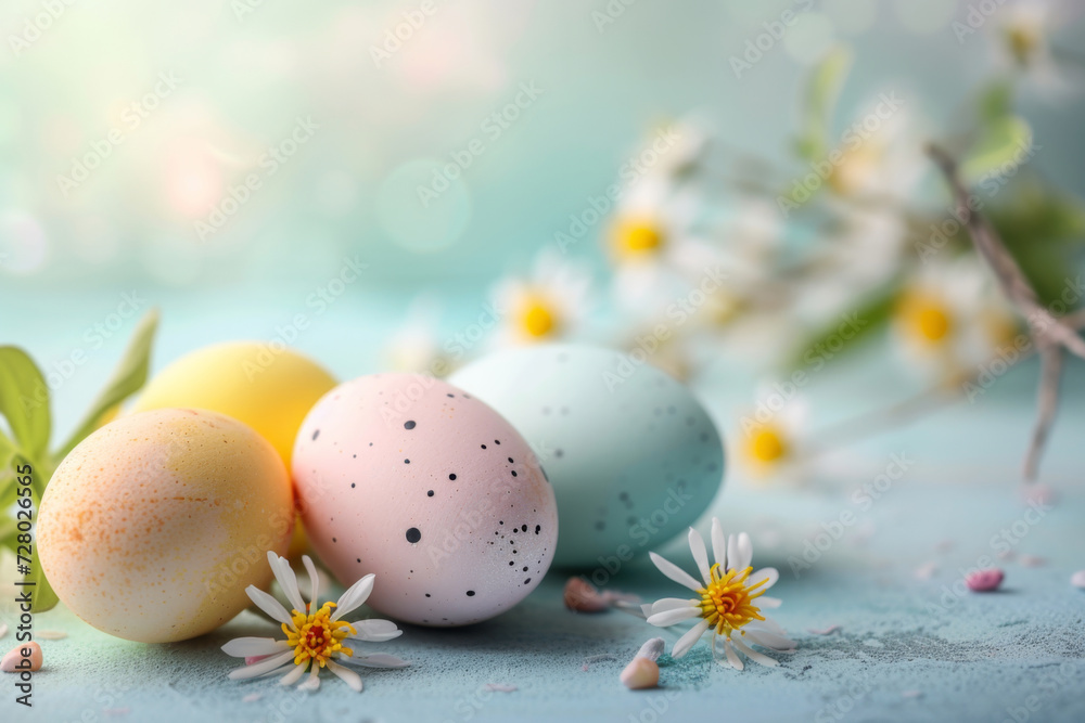 pastel colored easter eggs and flowers