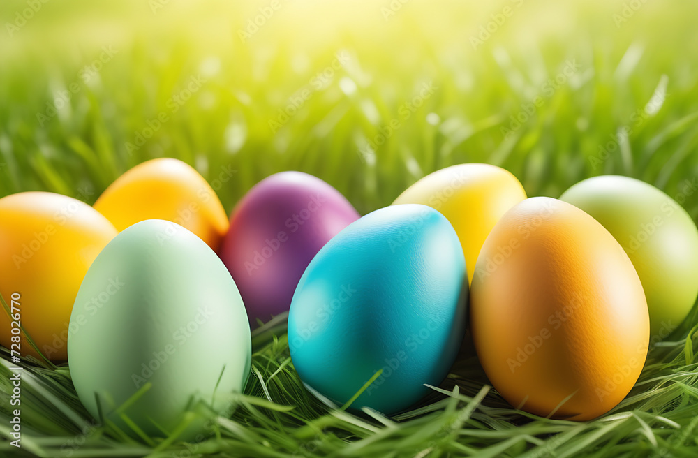 Happy Easter background with grass and coloured painted holiday eggs