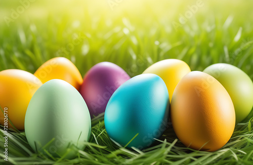Happy Easter background with grass and coloured painted holiday eggs