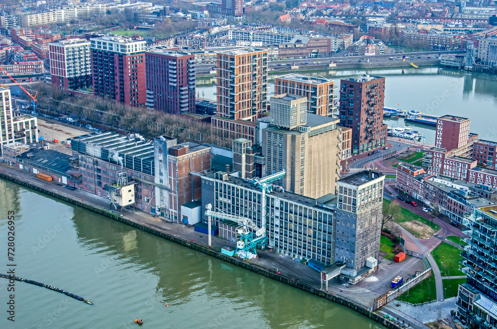 Rotterdam, The Netherlands, January 29, 2024: aerial view of the grain silo complex at Katendrecht, awaiting redevelopment