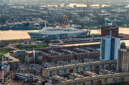 Rotterdam, The Netherlands, January 29, 2024: aerial view of Katendrecht neighbourhood and former cruiseship SS Rotterdam, now a hotel and congress center
