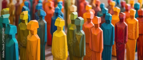 Group of Colorful Wooden Figures Standing in Formation