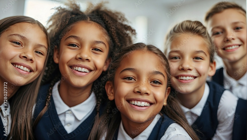 Close-up group portrait of five happy schoolchildren in uniforms, with diverse ethnicities, smiling confidently in a bright classroom setting.