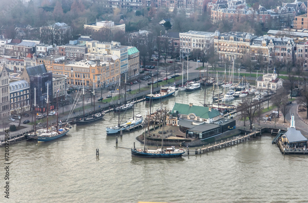 Rotterdam, The Netherlands, January 29, 2024: aerial view of the former ferry harbour, now a marina