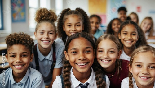 Selfie of smiling schoolchildren with diverse ethnicities wearing uniforms, in a classroom setting with a blurred educational background. photo