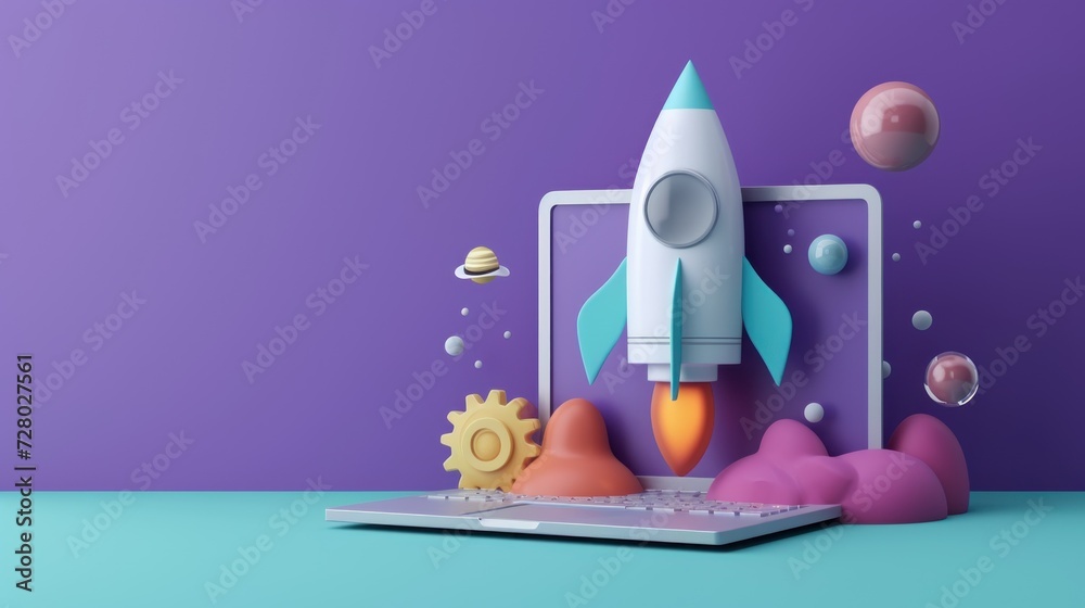 Computer With Rocket, Business Start Up launch concept Computer With Rocket, Business Start Up launch concept