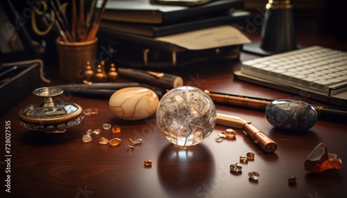 Assorted Items on Wooden Desk