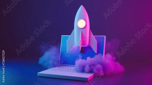 Laptop With Rocket on Top, Business Start Up launch concept