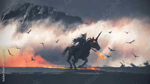 The ghost king riding a horse and holding a flaming sword, digital art style, illustration painting