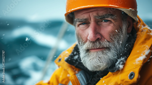 Portrait of a senior man oli worker with a grey beard, wearing an oil uniform, view from a oil platform in the North Sea. Concept of active age photo