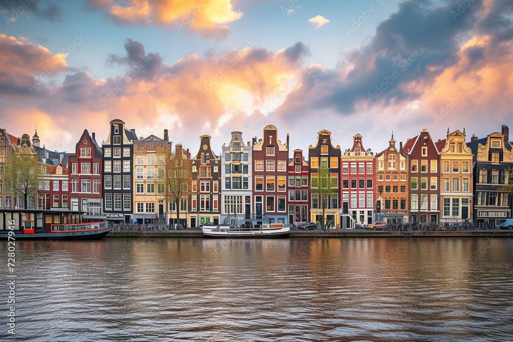 Amsterdam Netherlands dancing houses over river Amstel landmark in old european city spring landscape