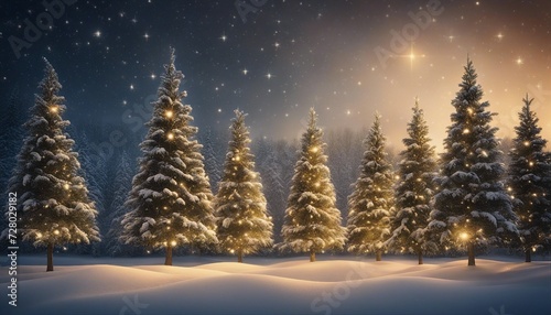 christmas tree in the snow A joyful Christmas with a row of trees and a starry sky. The trees are cheerful and festive 