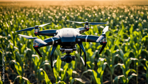 flying drone above crop. future farming technology. drone being used in farming sector. Modern agro-industry concept. technology in agricultural sector.