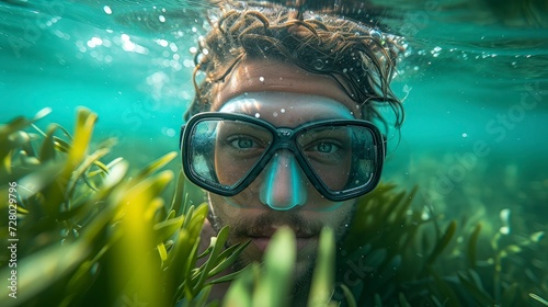 Diver selfie among seagrass view from underwater. World Seagrass Day.